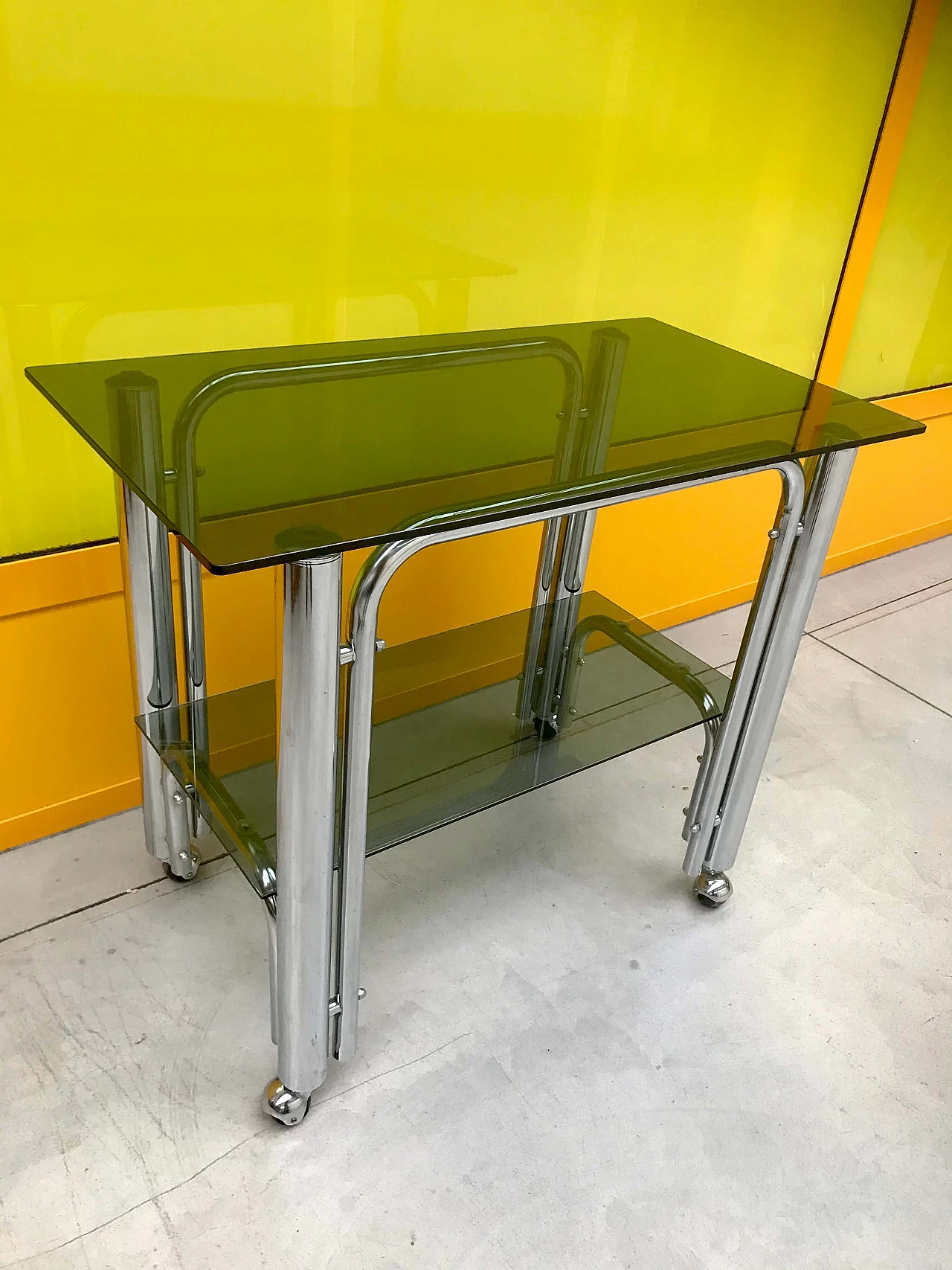 Italian chromed trolley with double smoked glass tops, 70s 1164591