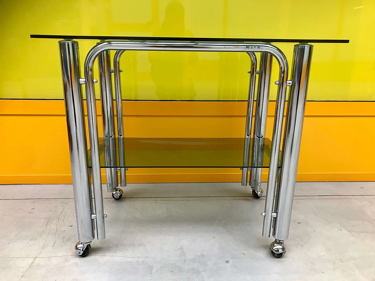 Italian chromed trolley with double smoked glass tops, 70s 1164592