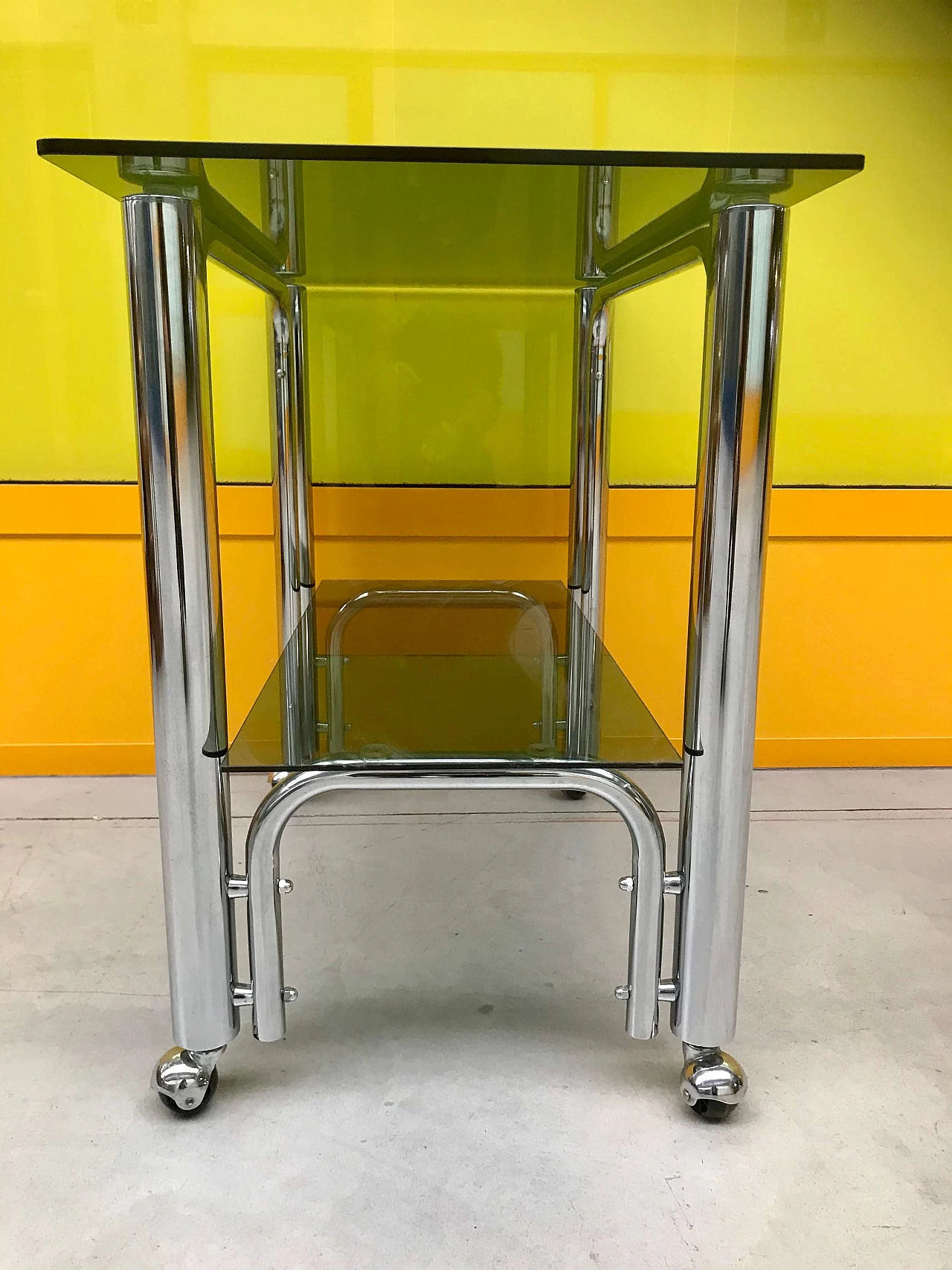 Italian chromed trolley with double smoked glass tops, 70s 1164593