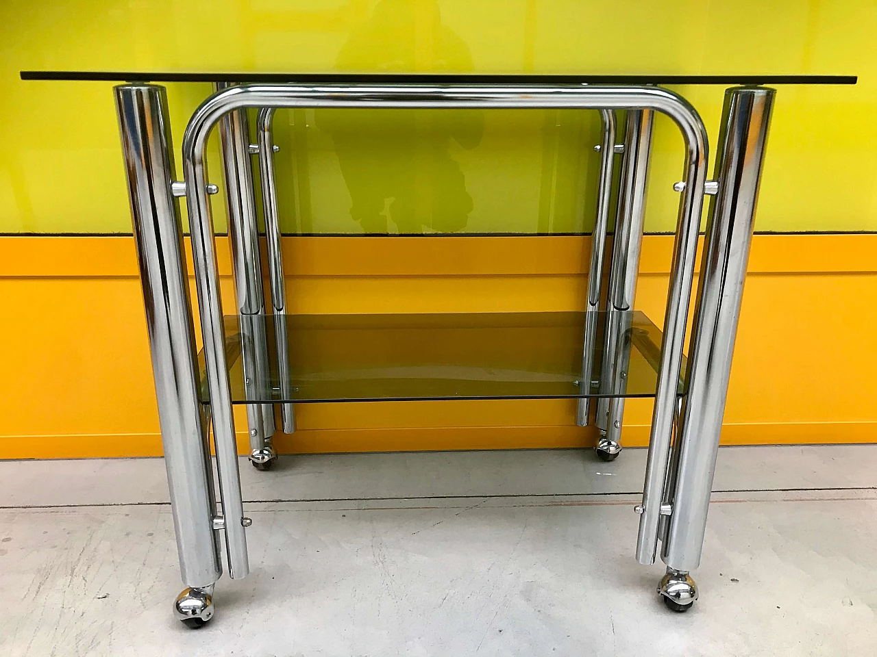 Italian chromed trolley with double smoked glass tops, 70s 1164594
