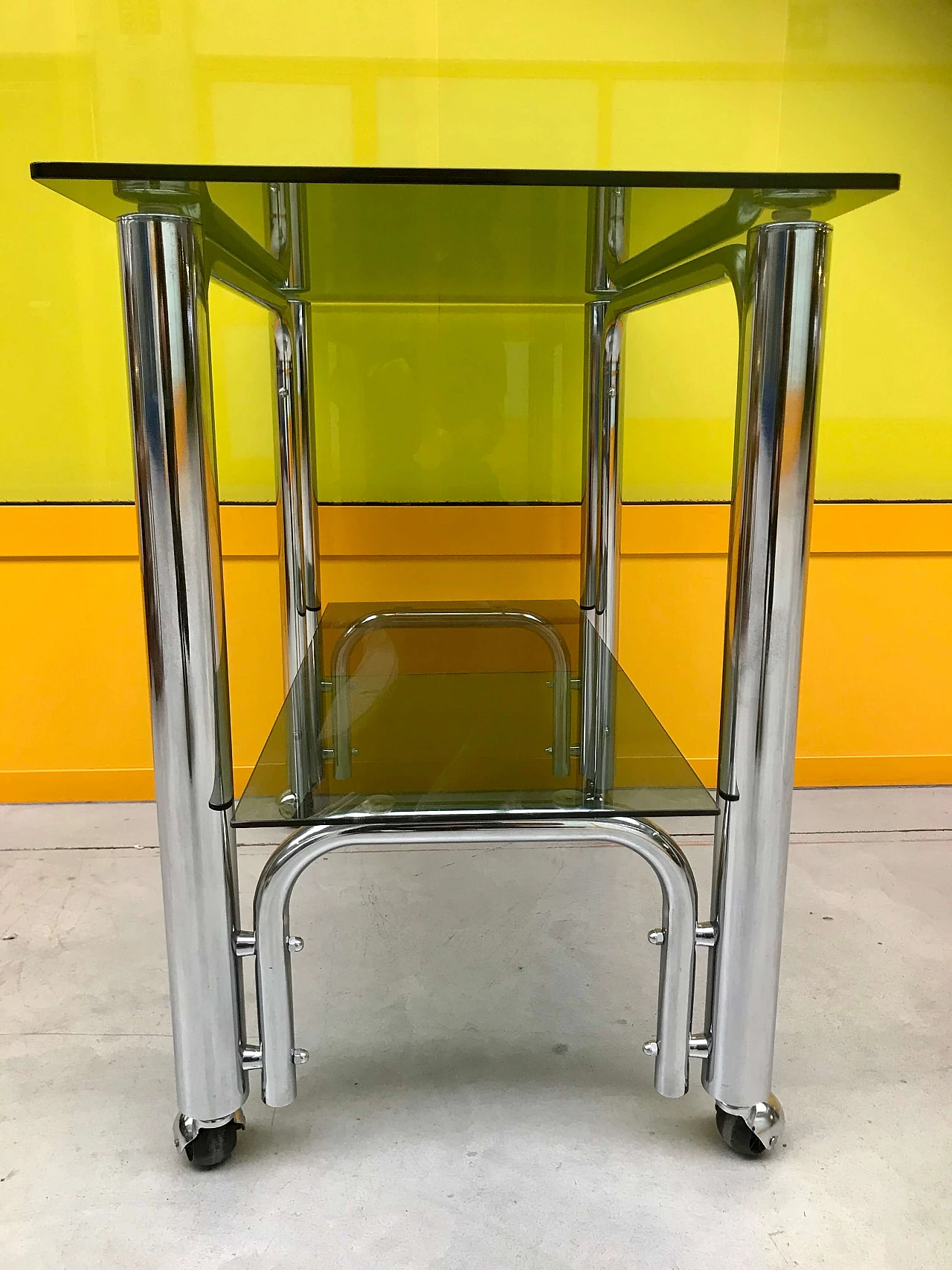 Italian chromed trolley with double smoked glass tops, 70s 1164595