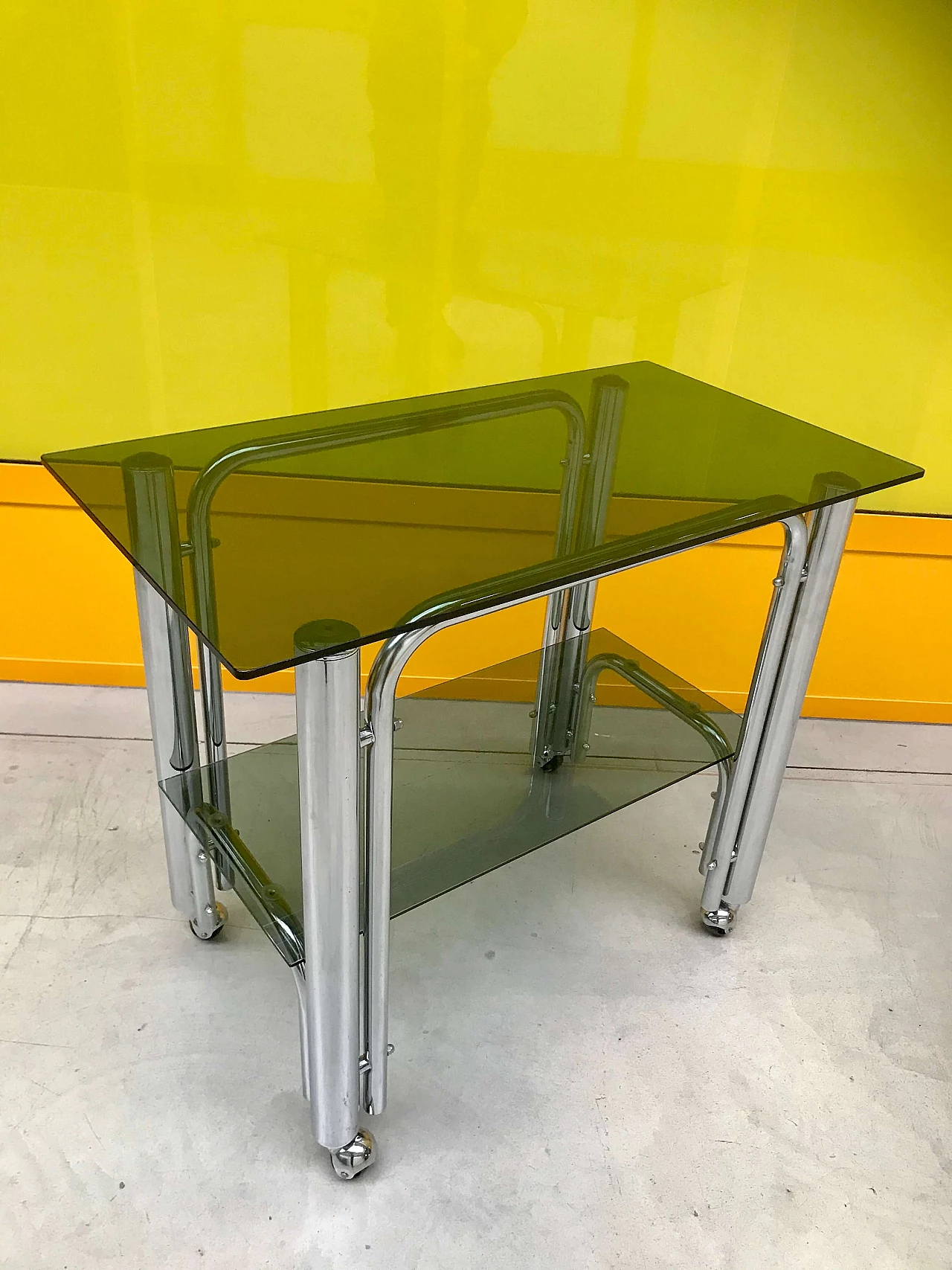 Italian chromed trolley with double smoked glass tops, 70s 1164597