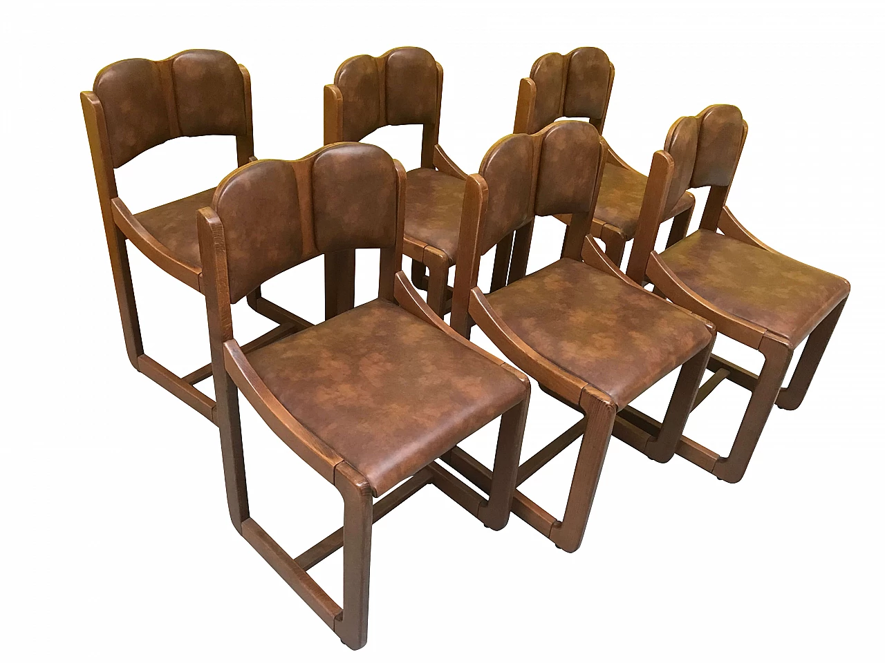 Set of 6 multifaceted chairs in curved wood and faux leather, 60s 1164706