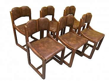 Set of 6 multifaceted chairs in curved wood and faux leather, 60s