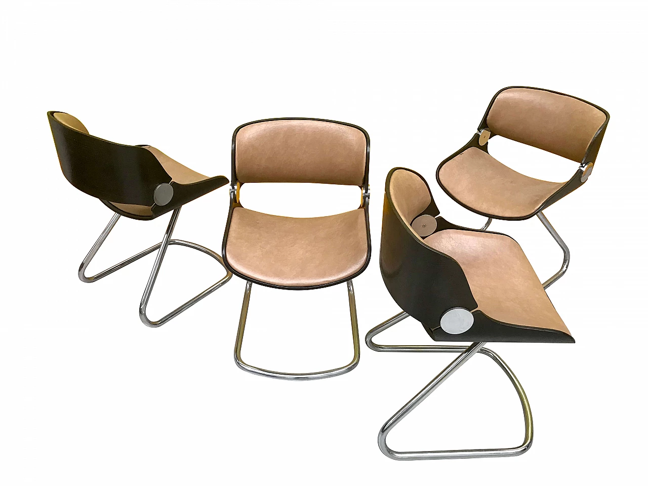 4 Chairs by Etienne Fermigier chairs in bended wood, faux leather and chromed tubular, 70s 1164712