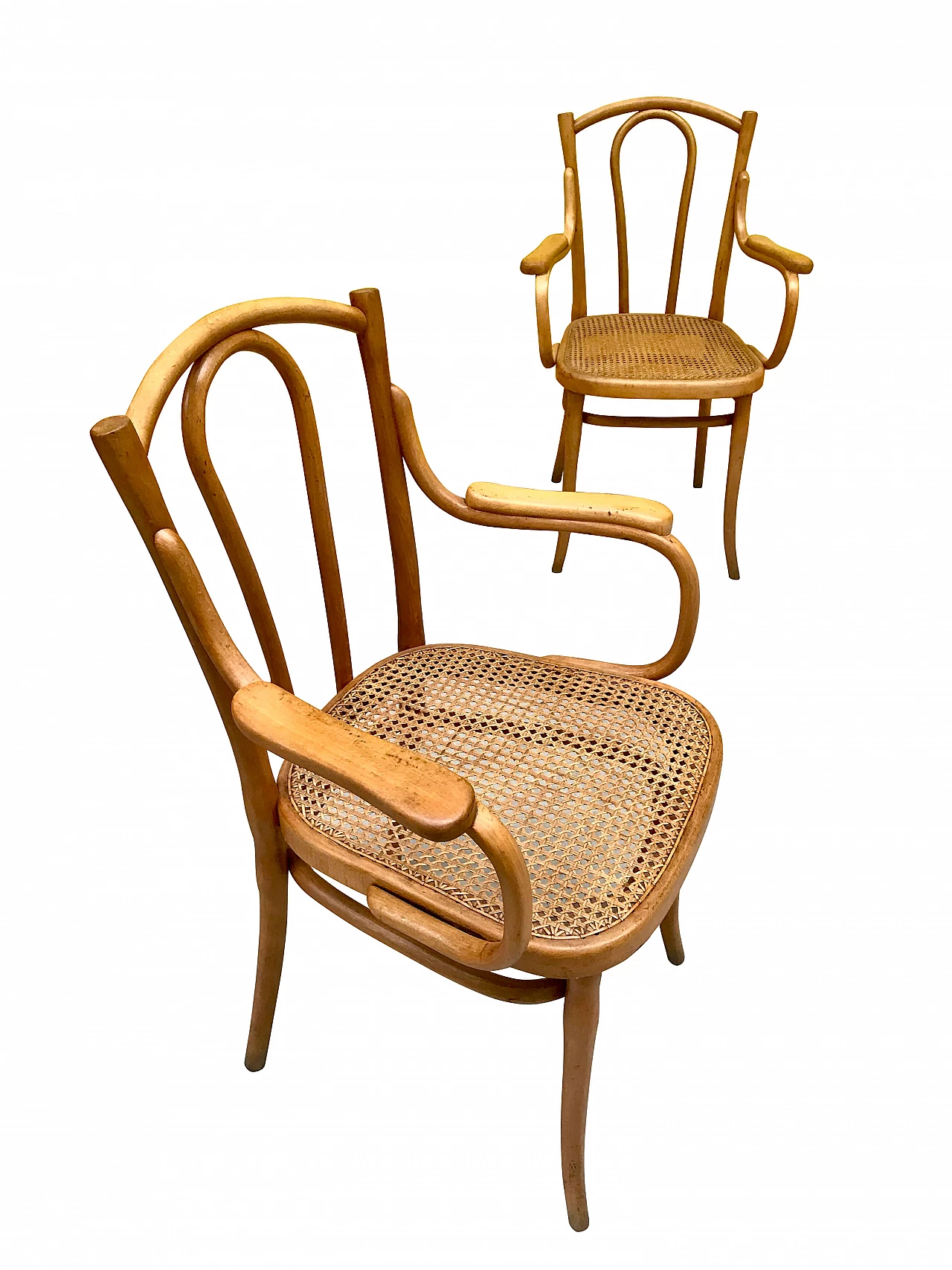 Coppia di poltroncine Gebrüder Thonet originali firmate e con "Etichetta 2" in legno curvato e paglia di Vienna, ‘800 1164925