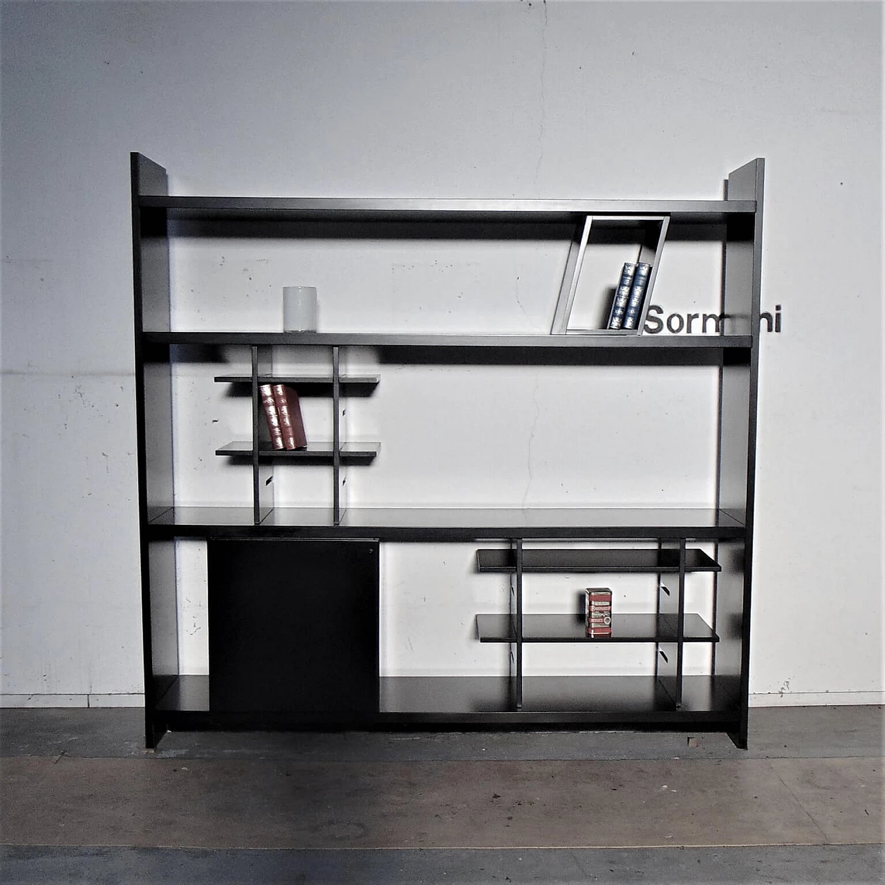 Satin black bookcase with modular interior, 80s 1165182