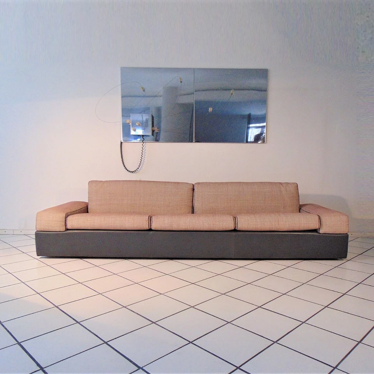 Grey Leather 4-Seater Sofa, Cushions Leather and Silk, Sormani 1983 1165235