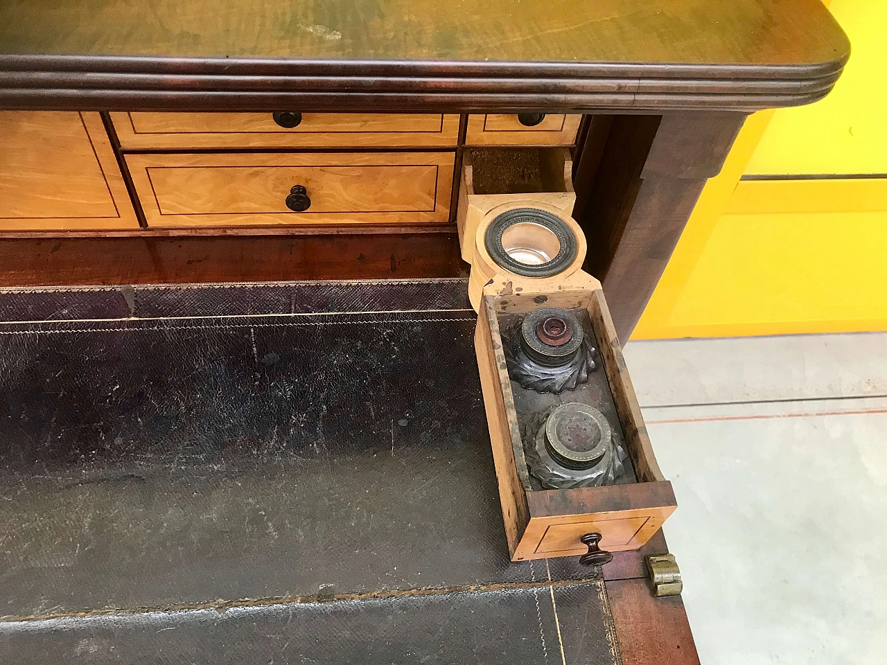 Charle X mahogany credenza console secretaire with mirror, drawers and ink stand, 19th century 1165236