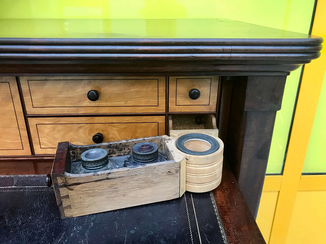 Charle X mahogany credenza console secretaire with mirror, drawers and ink stand, 19th century 1165241