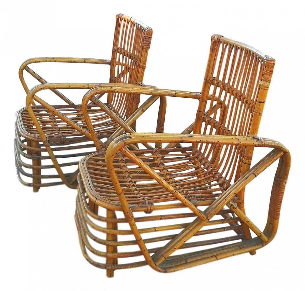 Pair of rattan bamboo armchairs and coffee table by Paul Frankl, 1940s 1165279