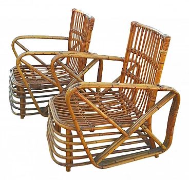 Pair of rattan bamboo armchairs and coffee table by Paul Frankl, 1940s