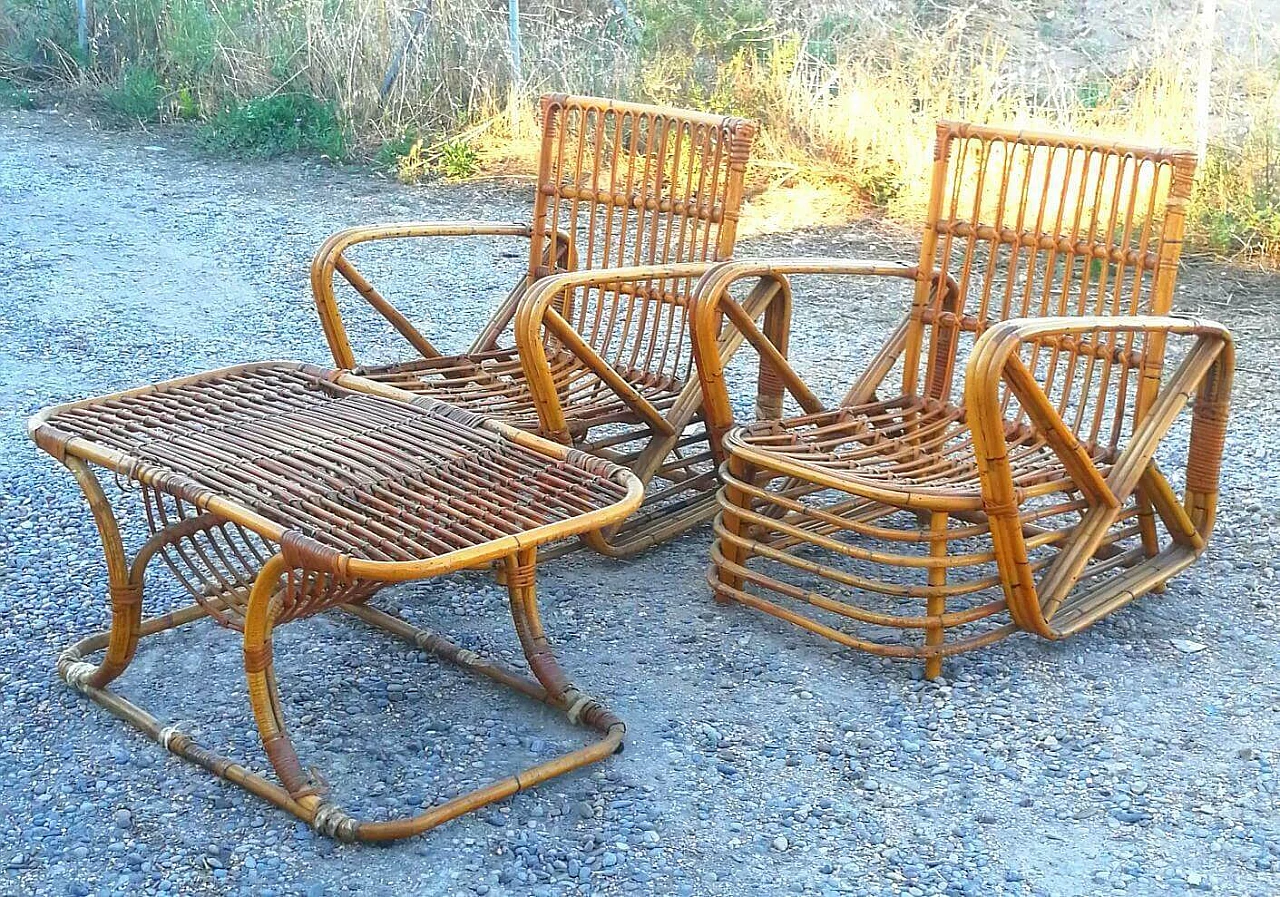 Pair of rattan bamboo armchairs and coffee table by Paul Frankl, 1940s 1165280