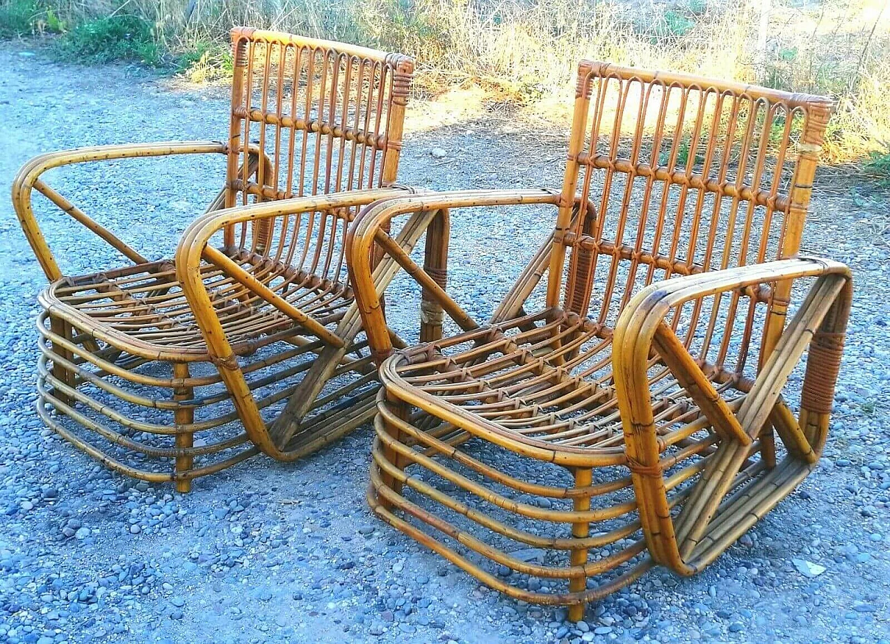 Pair of rattan bamboo armchairs and coffee table by Paul Frankl, 1940s 1165281