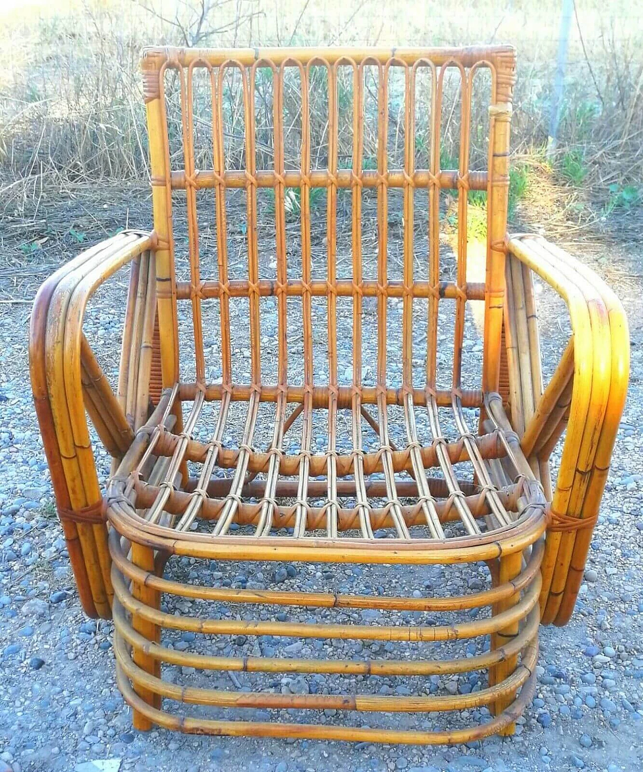 Pair of rattan bamboo armchairs and coffee table by Paul Frankl, 1940s 1165284