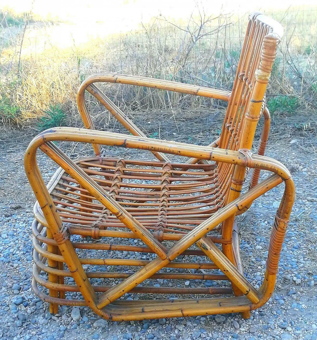 Pair of rattan bamboo armchairs and coffee table by Paul Frankl, 1940s 1165285
