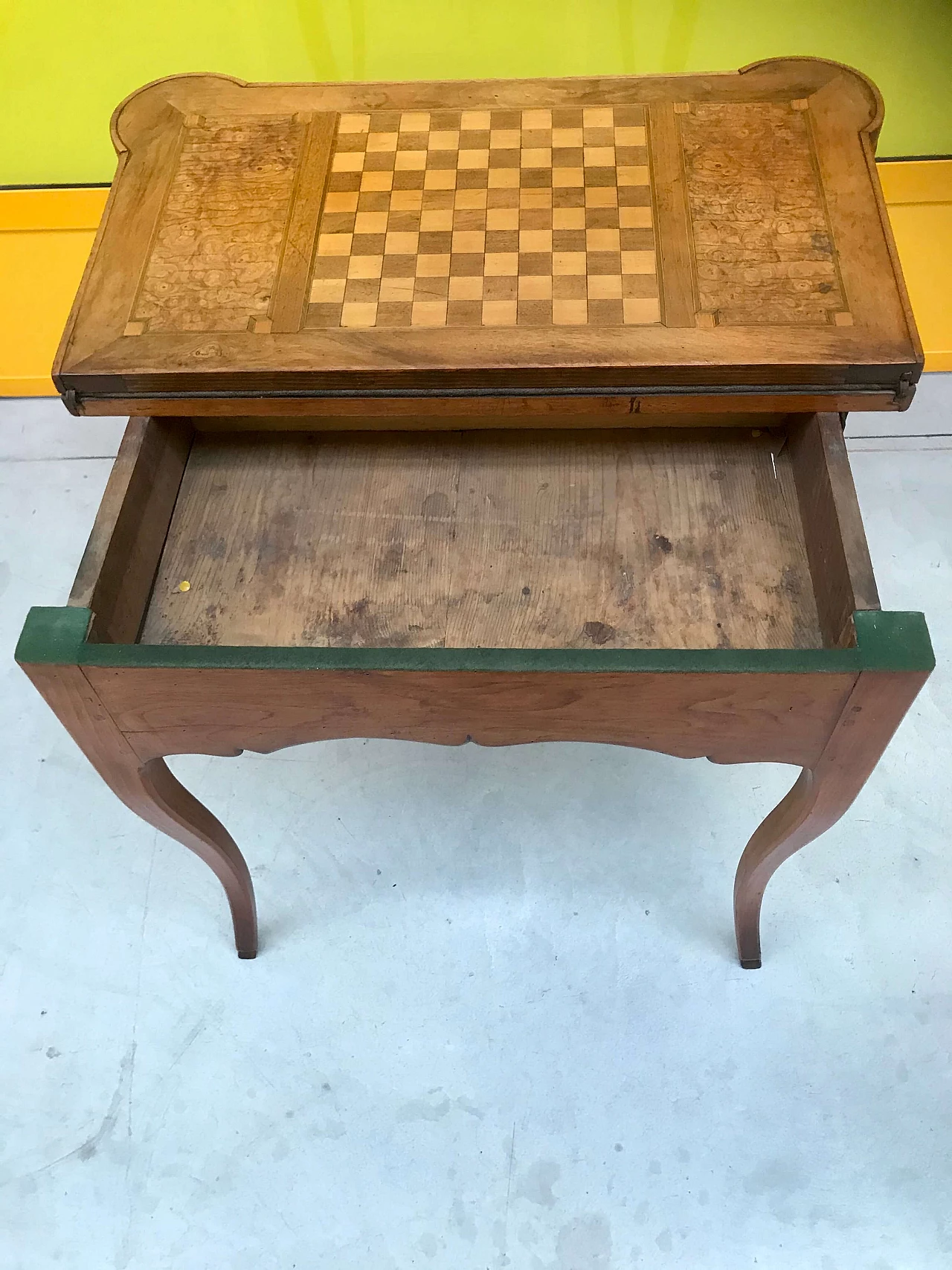 Gaming table with inlaid chessboard on the opening top and hoof shaped feet, 18th century 1165337