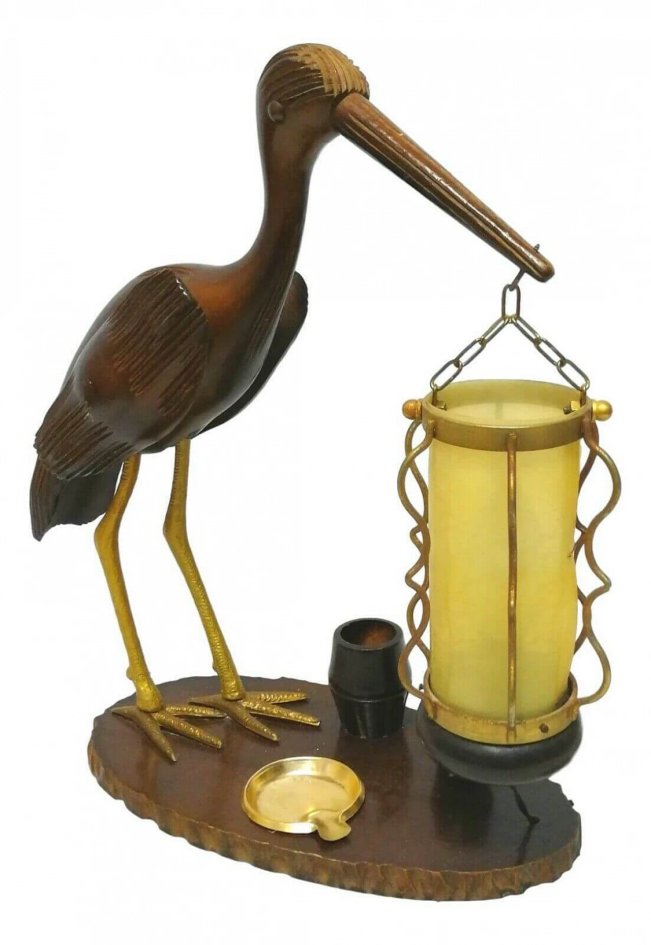 Wooden table lamp with sculpture, 50s 1165794