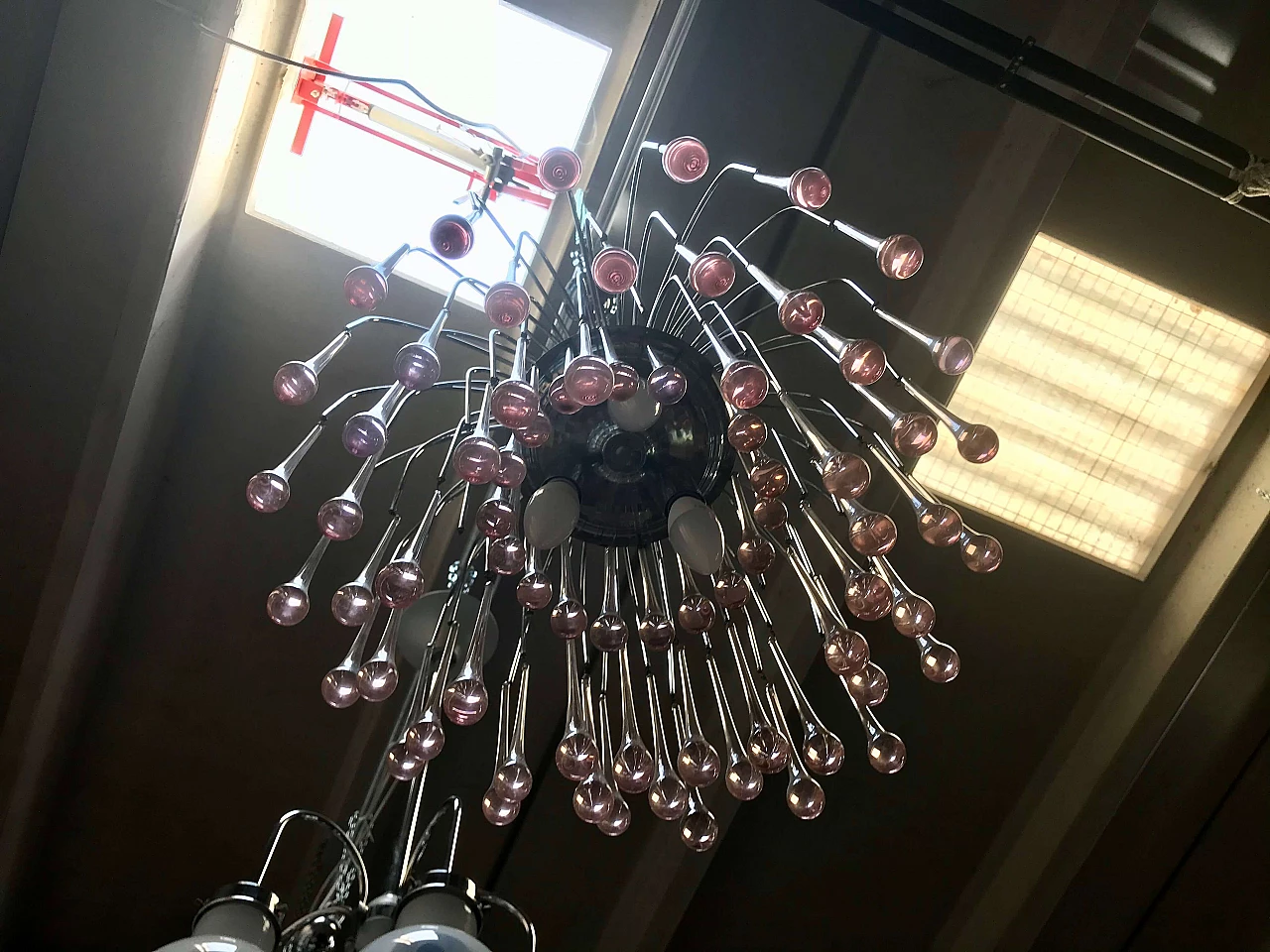 Vistosi Waterfall ceiling lamp in chromed metal with pink Murano glass drops, 60s Cromato GOCCE di MURANO ROSA 1166154