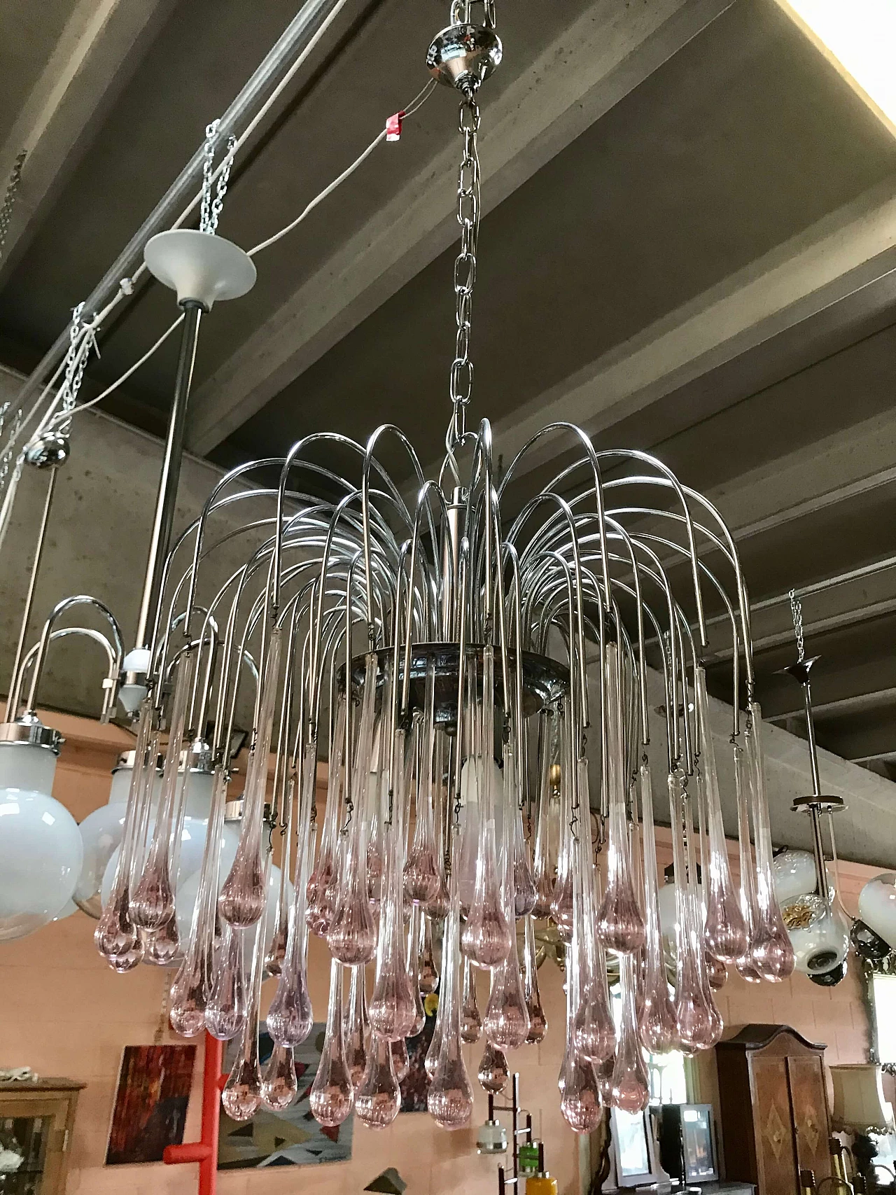 Vistosi Waterfall ceiling lamp in chromed metal with pink Murano glass drops, 60s Cromato GOCCE di MURANO ROSA 1166156