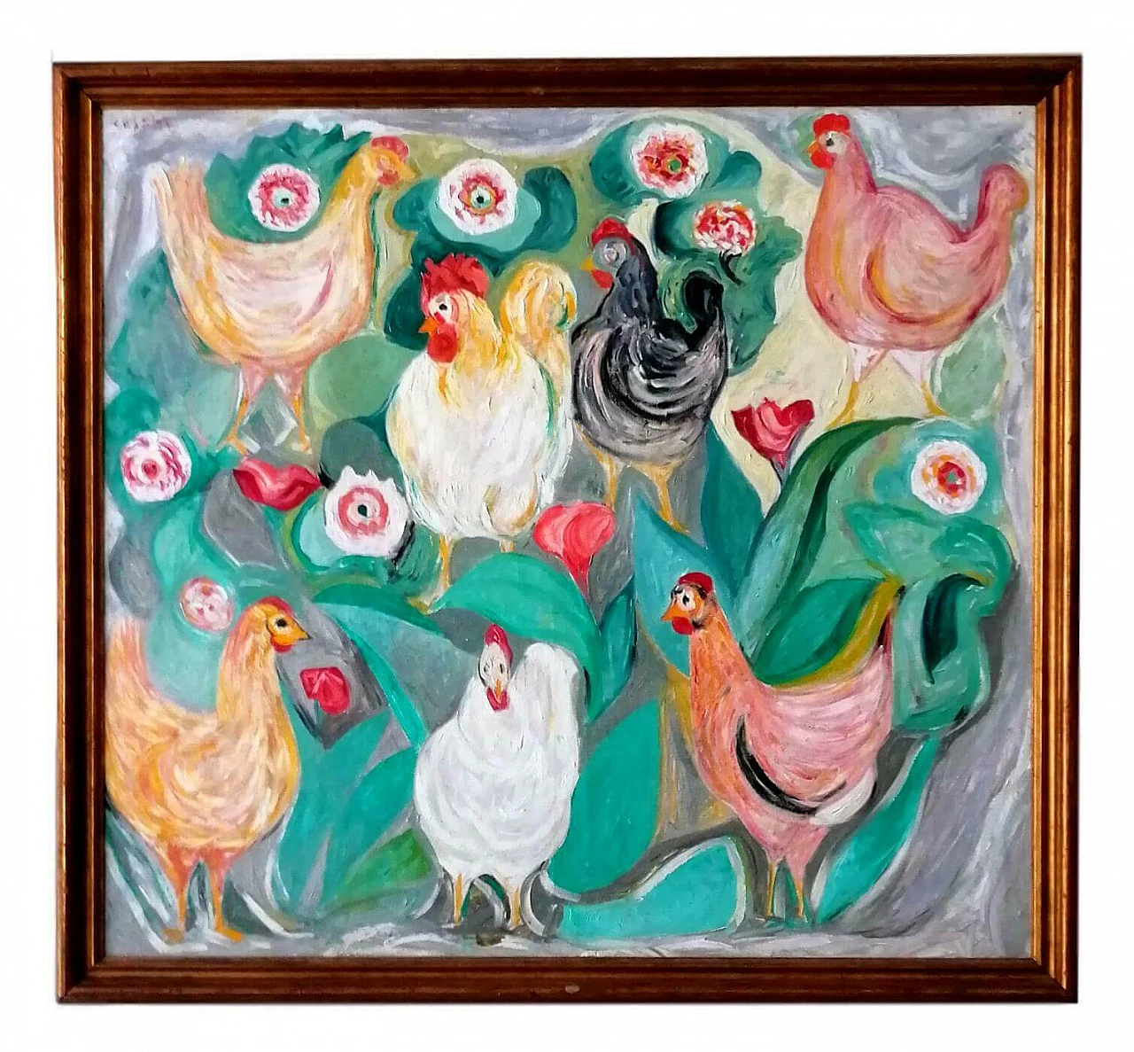 Olio su tela Galline di Giuseppe Cesetti, anni '60 1166199