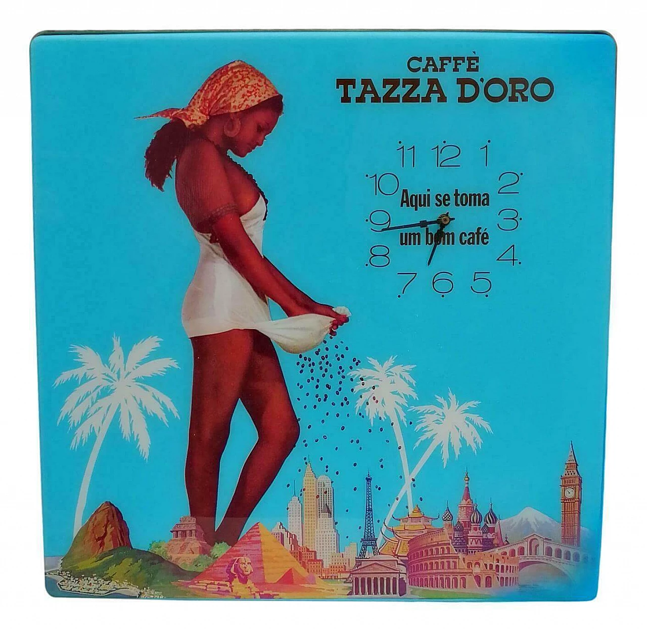 Bright advertising sign with clock of Caffè Tazza D'Oro Roma, 1970's 1166630