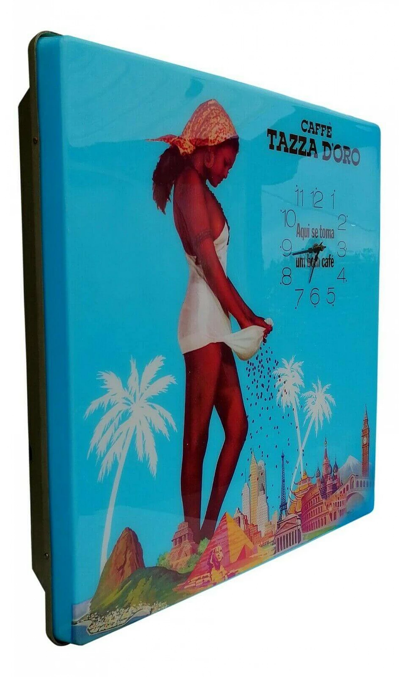 Bright advertising sign with clock of Caffè Tazza D'Oro Roma, 1970's 1166632