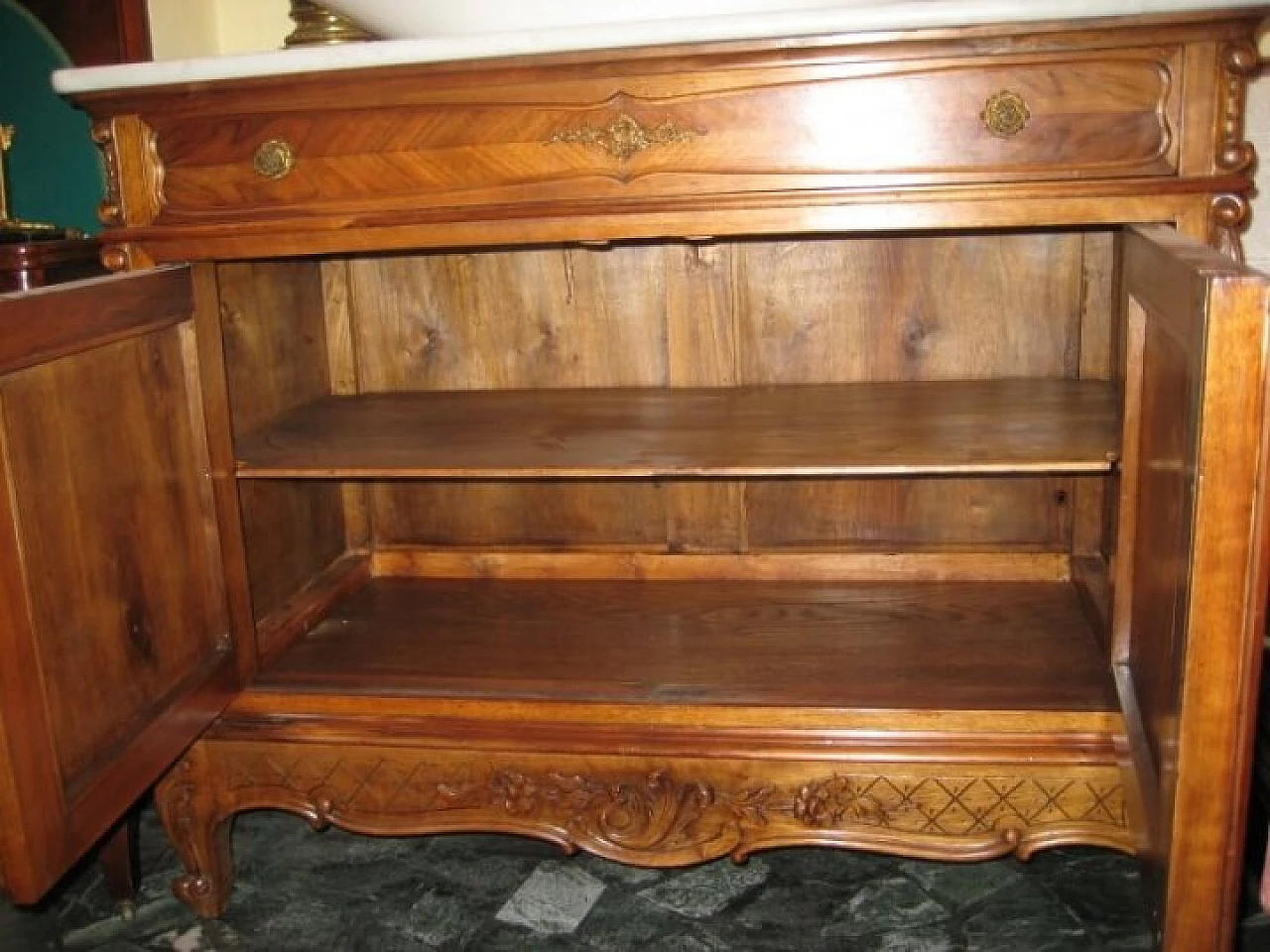 Antique French bathroom cabinet in walnut and Carrara marble, early '900 1167115