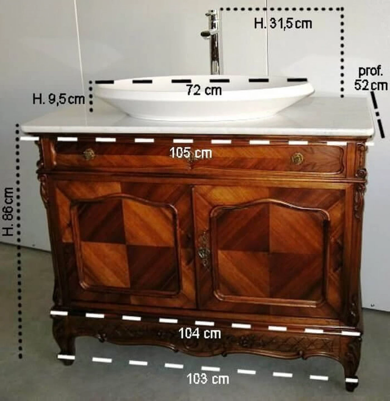 Mobile o toilette francese antica da bagno in noce e marmo di carrara, inizio '900 1167129