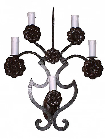 Stylish wall lamp with handcrafted flowers vase in iron colored, 20th century