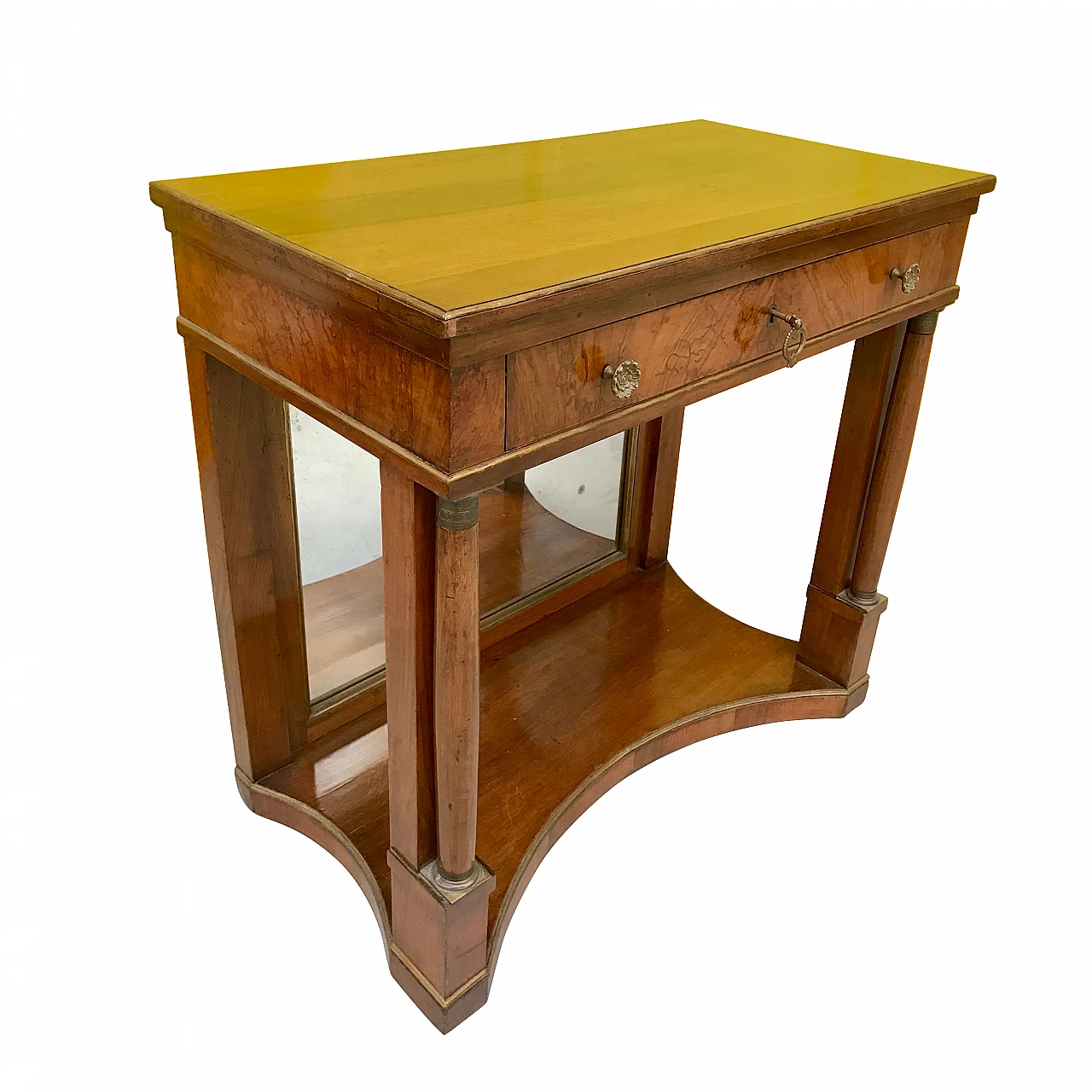 Consolle lombarda in stile Impero  a colonne, in noce con bronzi e specchio al mercurio, metà ‘800 1167202