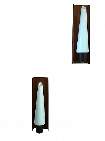 Pair of sconces in curved metal, veneer teak and white opaline glass, 60s