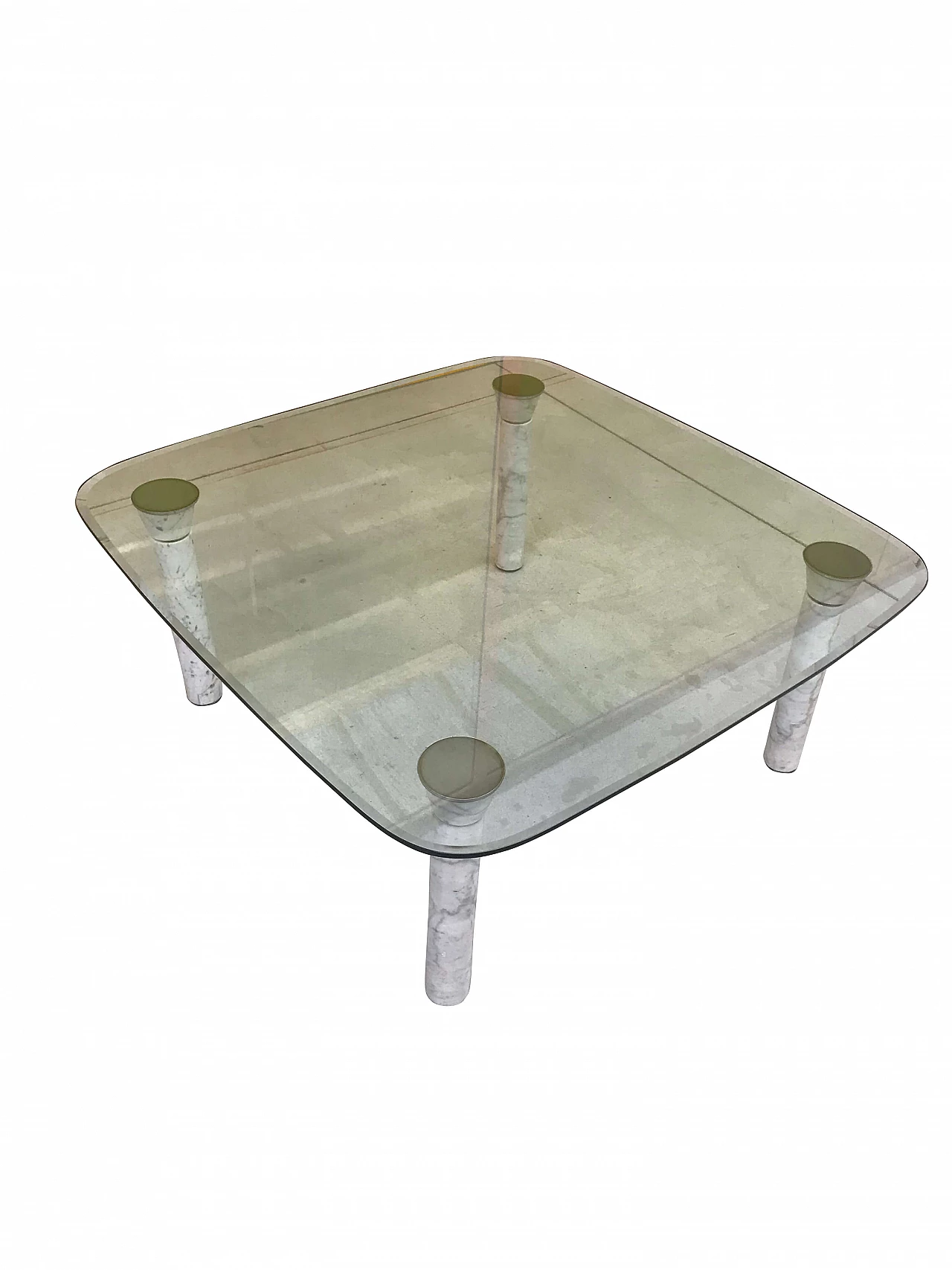 Glass top coffee table with marble legs, 60s 1167247