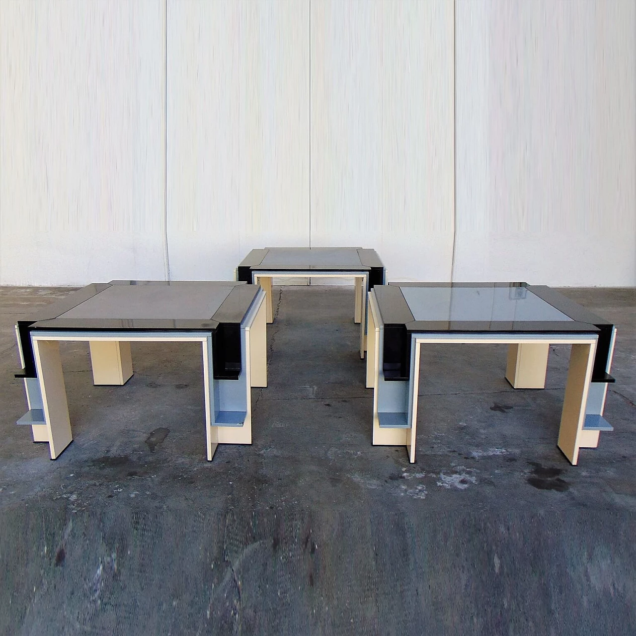 3 Dining and Card Tables Glossy Cream, Black, Gray Lacquer Double-face Top, 1980's 1167253