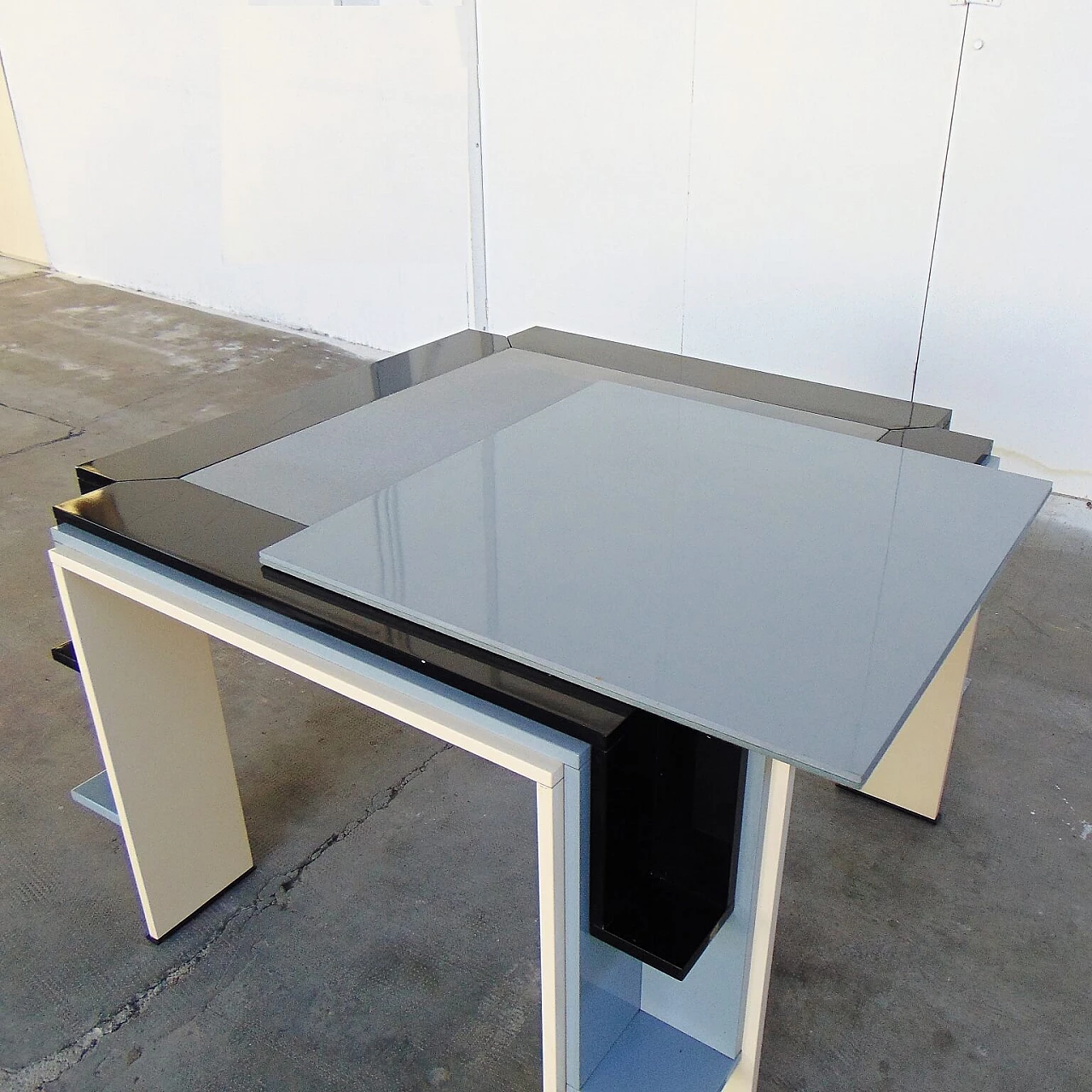 3 Dining and Card Tables Glossy Cream, Black, Gray Lacquer Double-face Top, 1980's 1167271