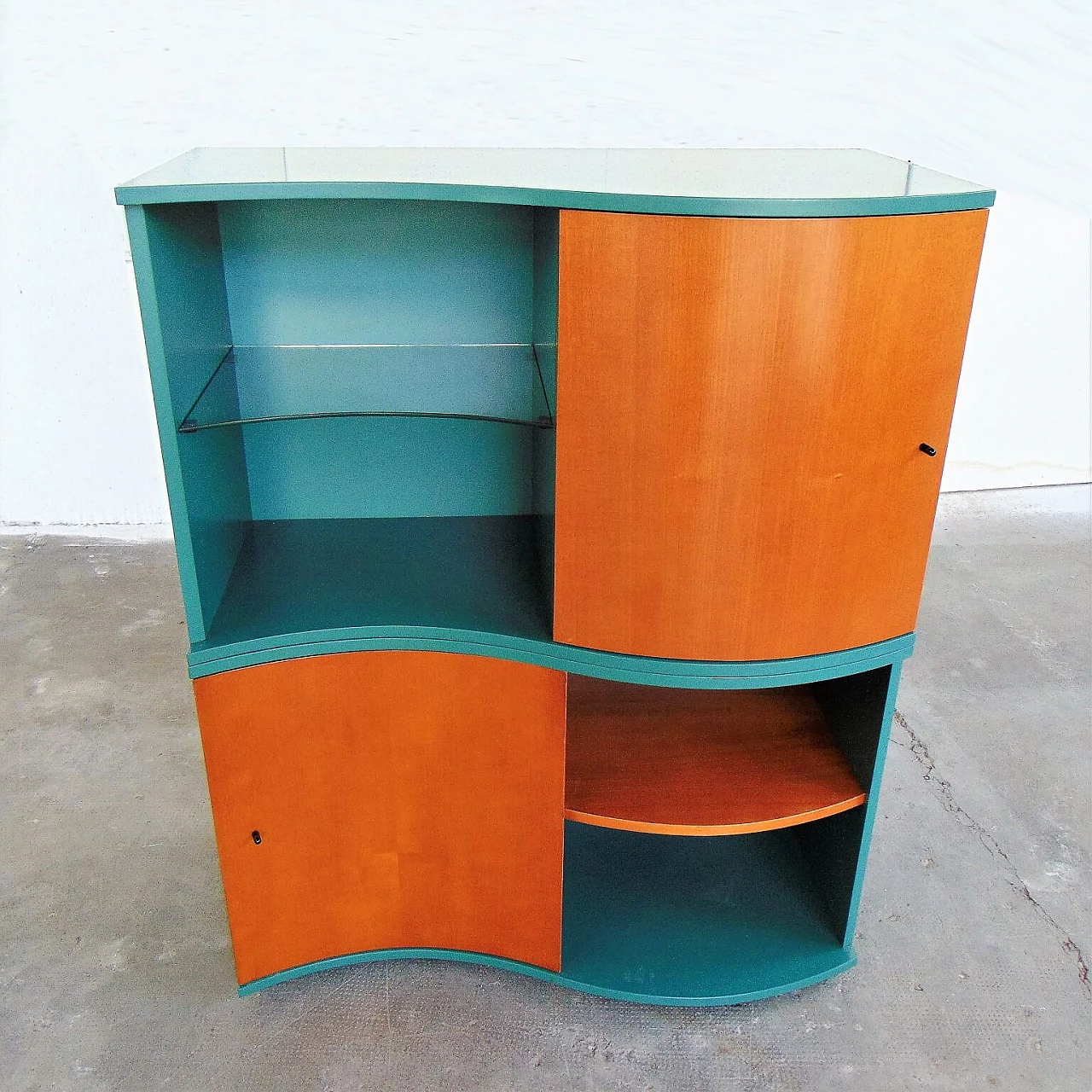Sideboard Green Satin Lacquer, Doors in Walnut-Stained Cherry, for Roche Bobois, 1990s 1167294