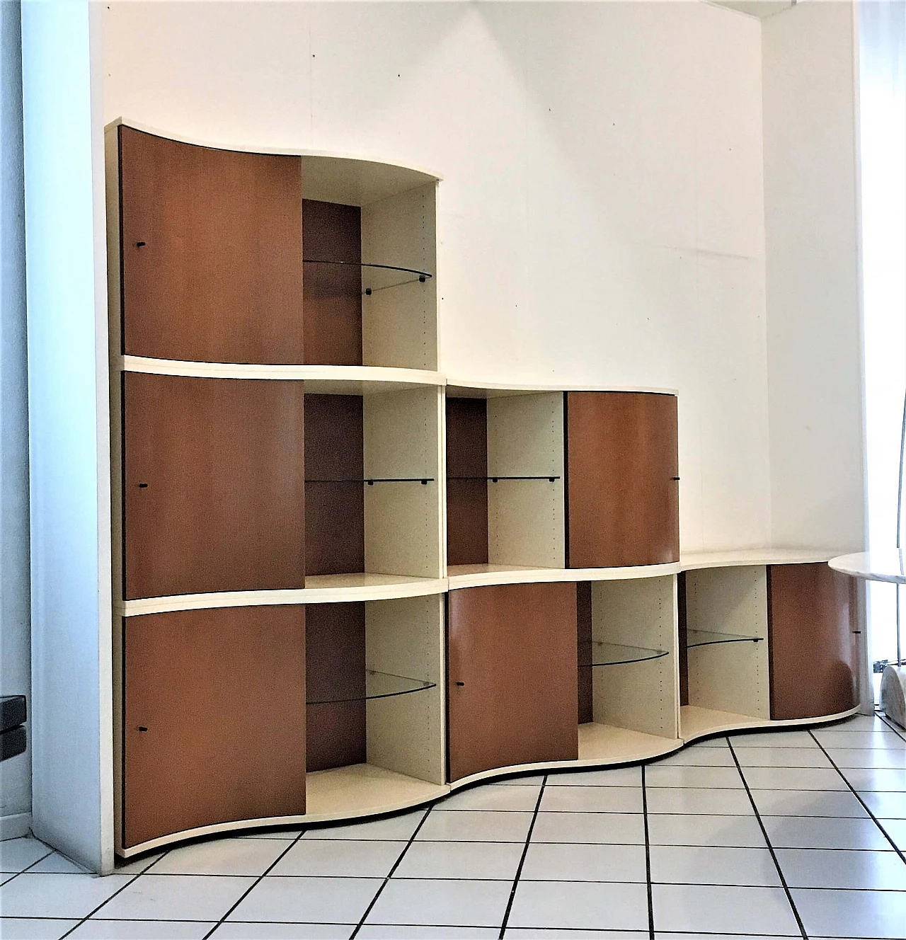 Modular Bookshelf Cream Lacquer, Doors Stained Cherry, Glass Shelves, 1990's 1167333