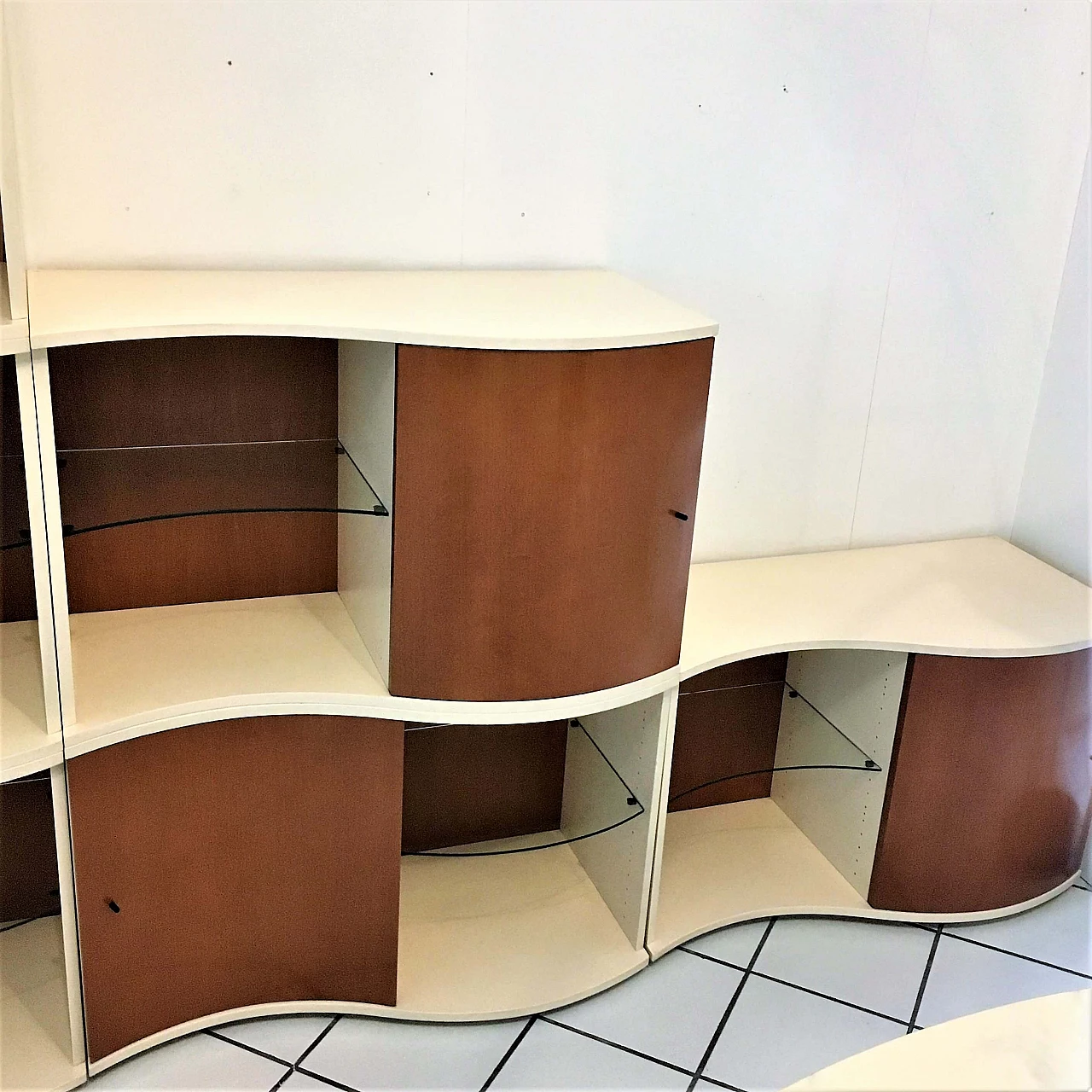 Modular Bookshelf Cream Lacquer, Doors Stained Cherry, Glass Shelves, 1990's 1167334