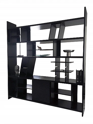 Large black satin lacquered bookcase horizontal shelves, 80's