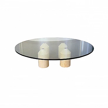 Coffee Table with 4 Pencil-Shaped Travertine Legs and Round Glass Top