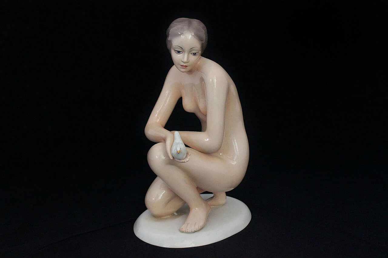Ceramic sculpture of Girl with the white dove in the hand of Ronzan, 1940s 1167450