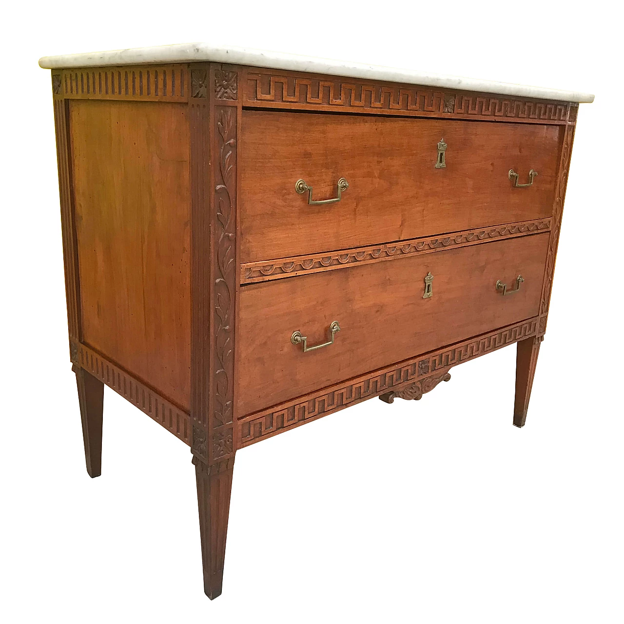 Comó a due cassetti in ciliegio scolpito e marmo bianco, ‘700 1167780