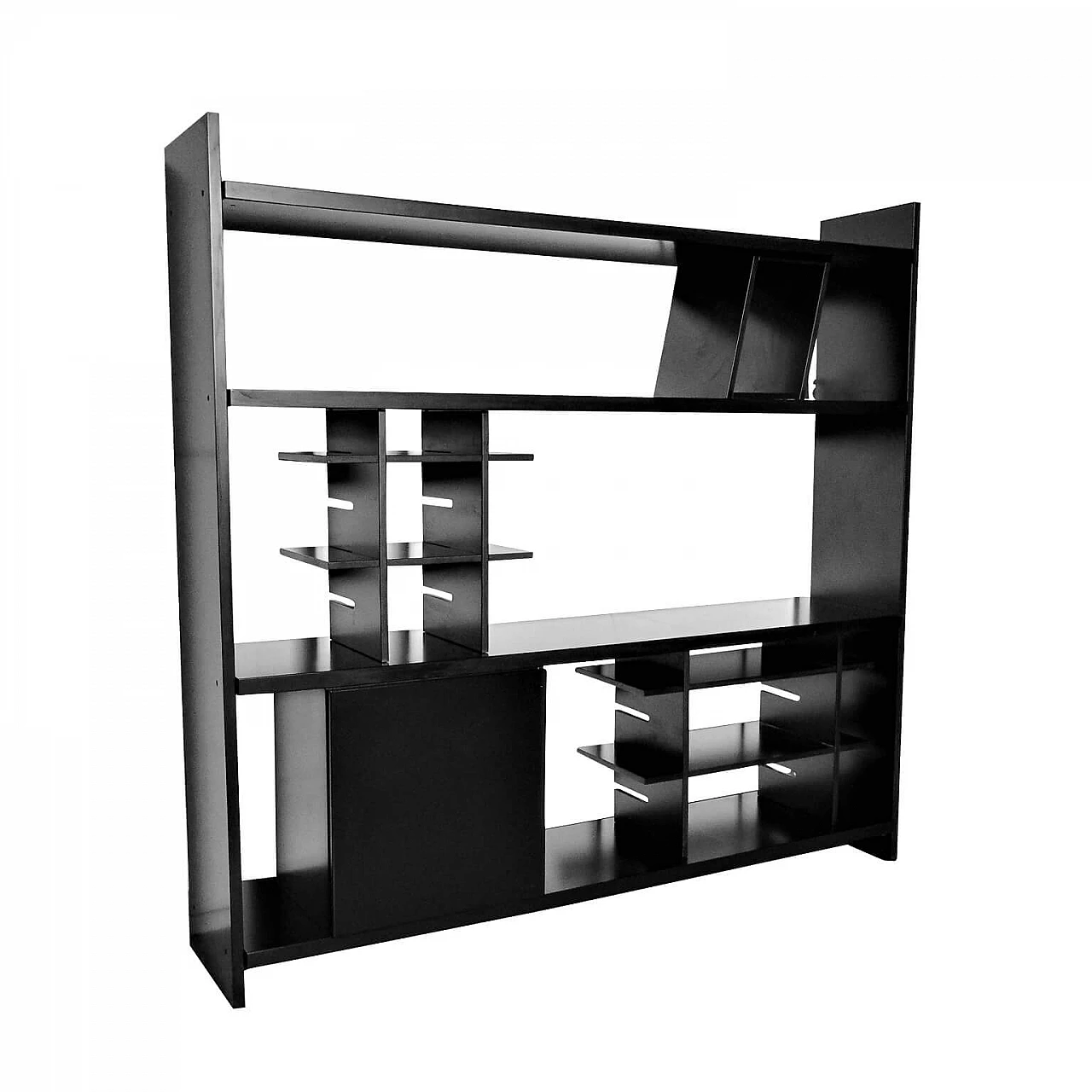 Satin black bookcase with modular interior, 80s 1167783