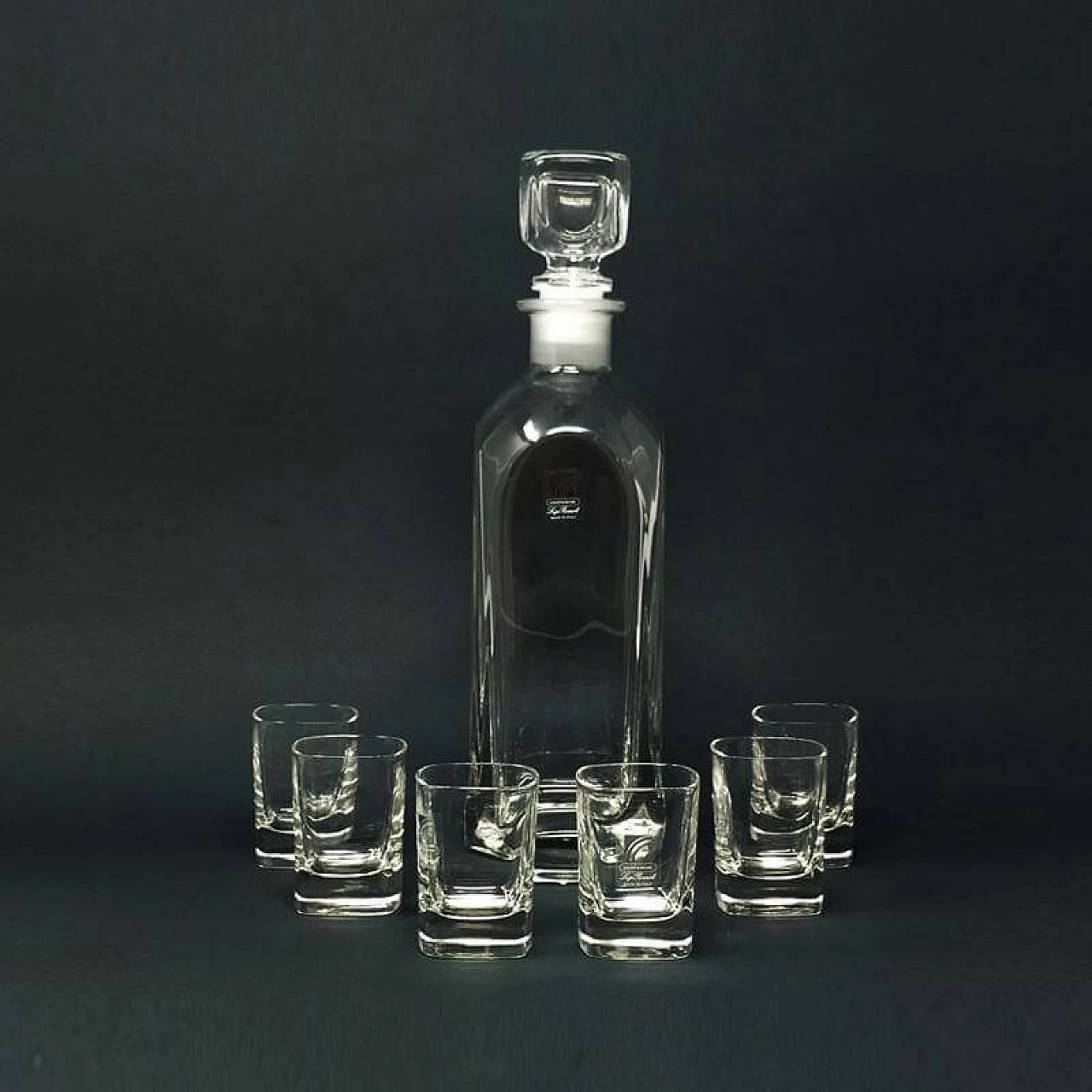 Decanter in cristallo d'epoca con 6 bicchieri di Luigi Bormioli, anni '70 1167873