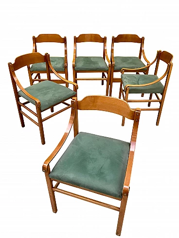 Set of 6 chairs in wood with armrests and backrest in bended wood and screws in brass, 60s