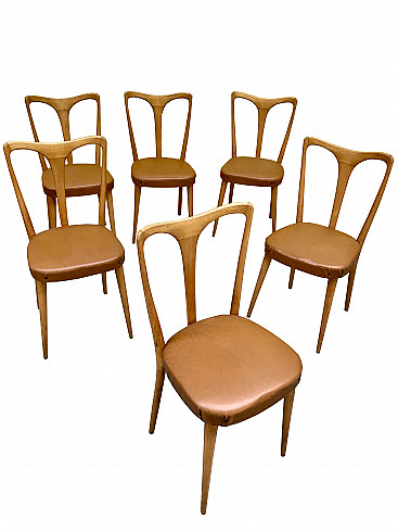 Set of 6 Ico Parisi style chairs, light brown wood with faux leather seat, 50s