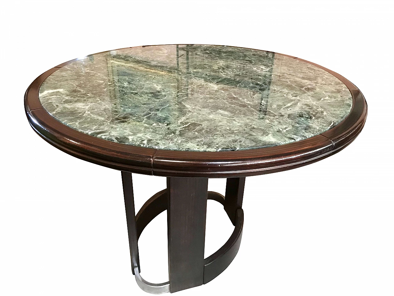 Round table lacquered in wood tone with Green Alps marble, 60s 1168466