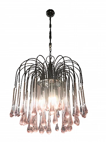Vistosi Waterfall ceiling lamp in chromed metal with pink Murano glass drops, 60s Cromato GOCCE di MURANO ROSA