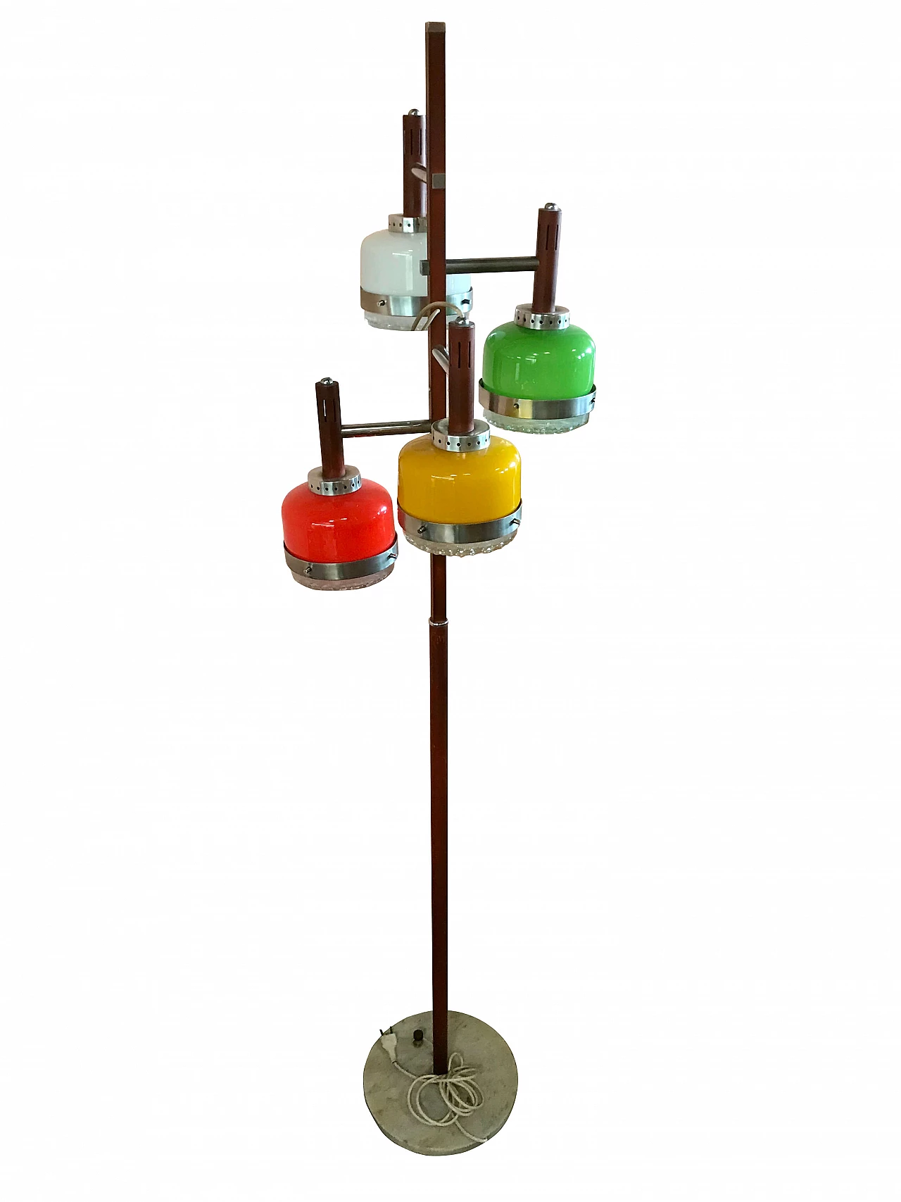 Piantana Luce Stilnovo a 4 Luci con opaline colorate, struttura amaranto e cromata, base marmo bianco, anni '60 1168502