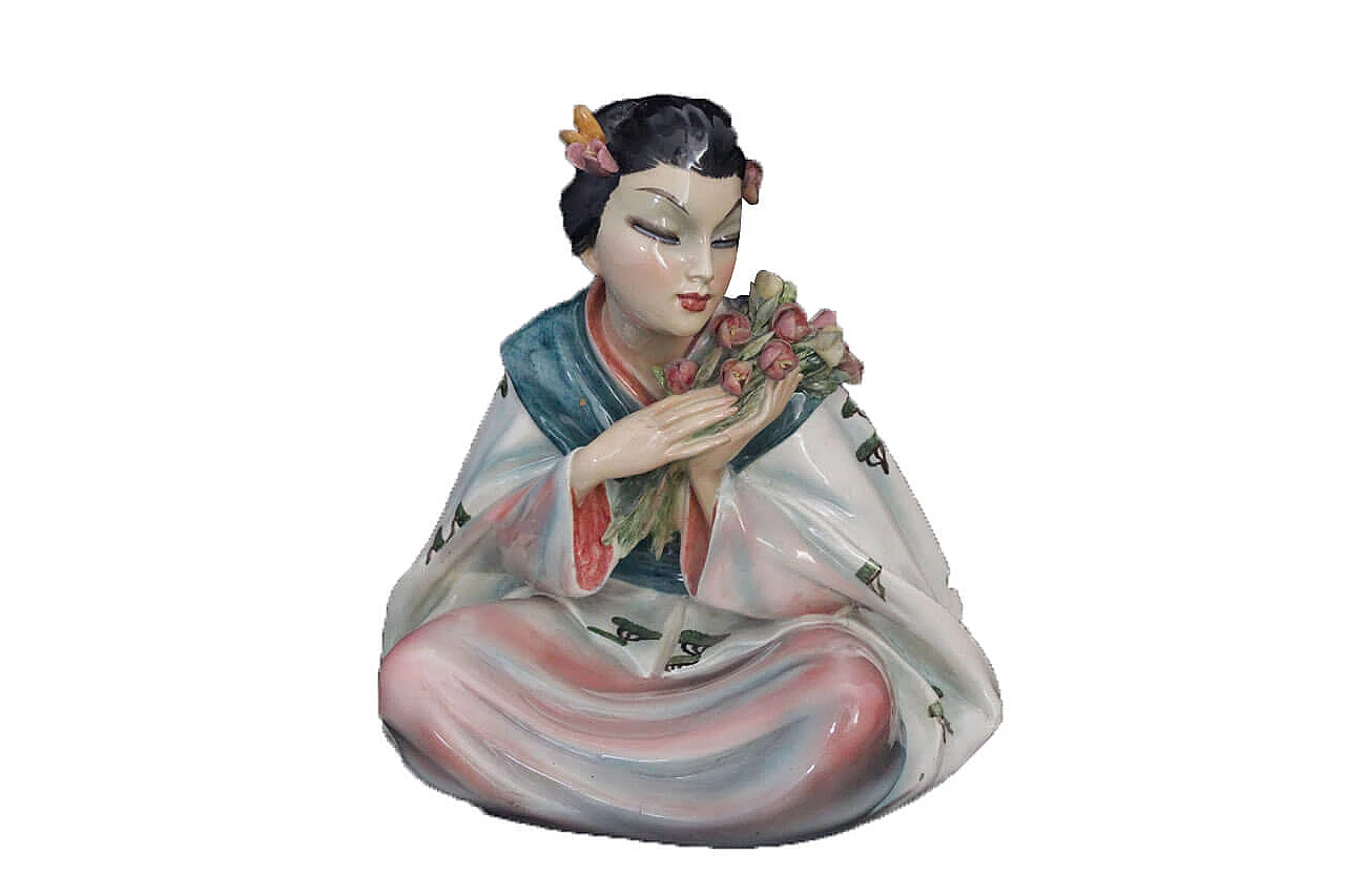 Ceramic sculpture of Oriental Girl sitting with flowers by Vincenzo Bertolotti Milano, 1930s 1168513